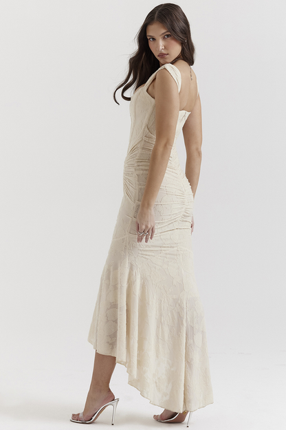 Floral Burnout Lace Corset Bodice Ruched Wrap High-Low Mermaid Midi Dress