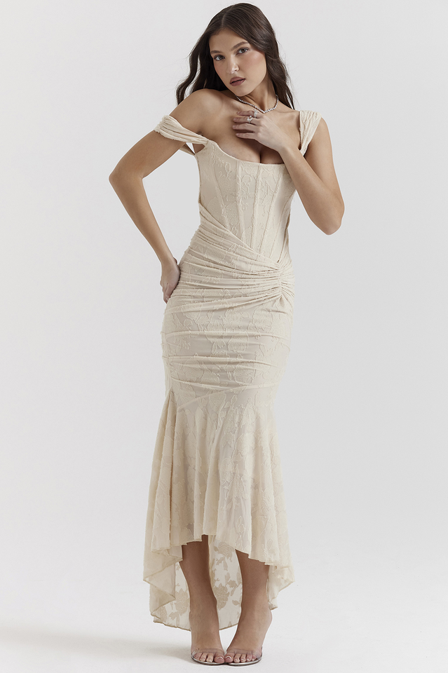 Floral Burnout Lace Corset Bodice Ruched Wrap High-Low Mermaid Midi Dress