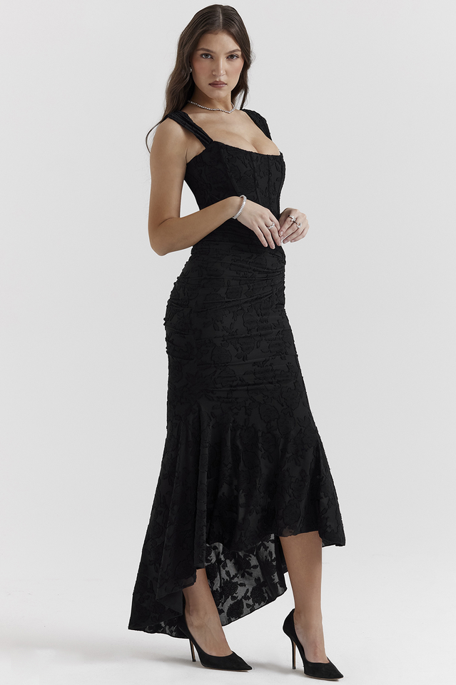 Floral Burnout Lace Corset Bodice Ruched Wrap High-Low Mermaid Midi Dress