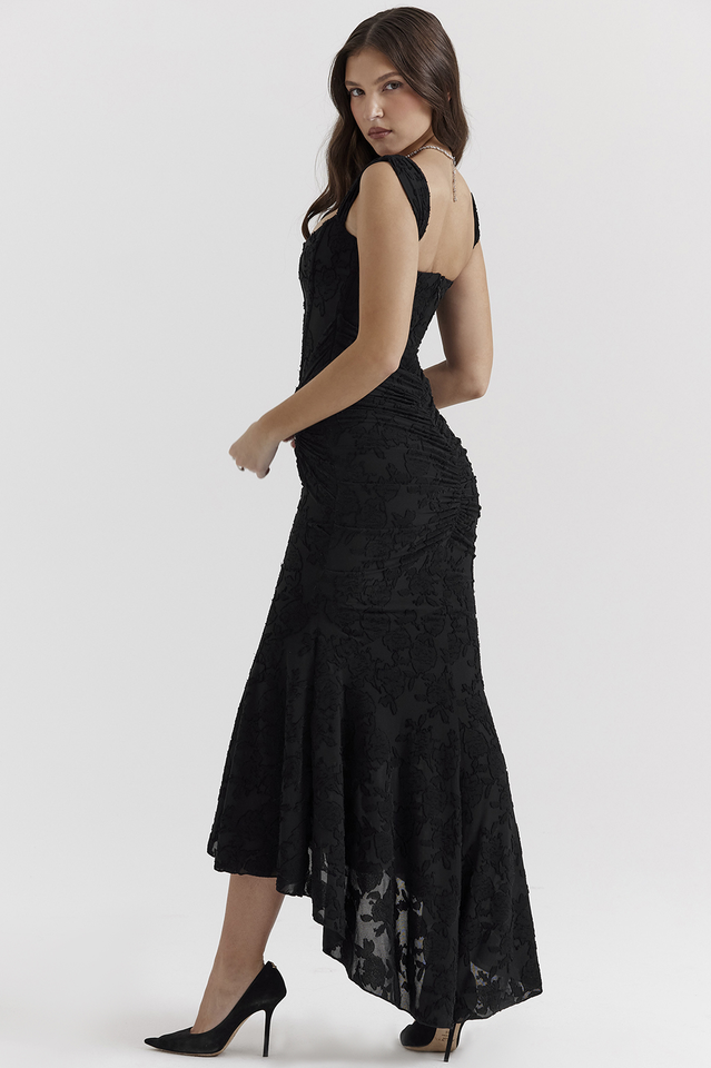 Floral Jacquard Corset Off Shoulder Ruched High Low Trumpet Maxi Gown