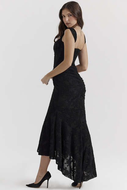 Floral Burnout Lace Corset Bodice Ruched Wrap High-Low Mermaid Midi Dress