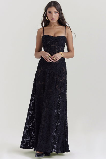 Corset Seam Scoop Neck Spaghetti Strap Floral Burnout Lace A-Line Maxi Gown
