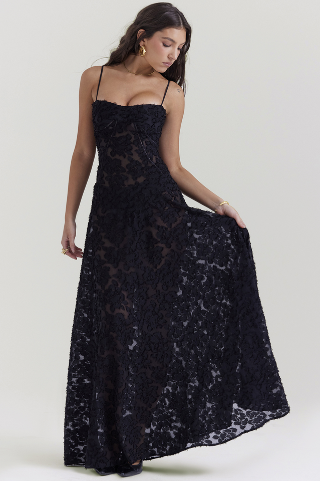 Corset Seam Scoop Neck Spaghetti Strap Floral Burnout Lace A-Line Maxi Gown