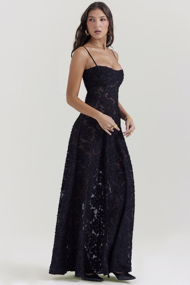 Corset Seam Scoop Neck Spaghetti Strap Floral Burnout Lace A-Line Maxi Gown