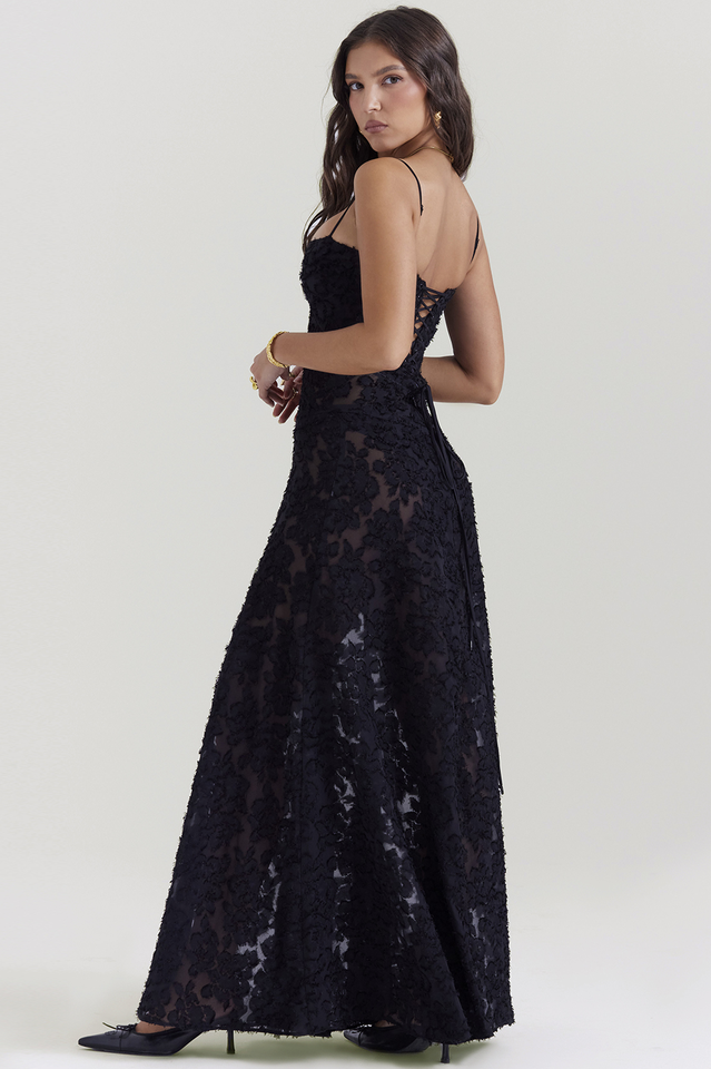 Corset Seam Scoop Neck Spaghetti Strap Floral Burnout Lace A-Line Maxi Gown