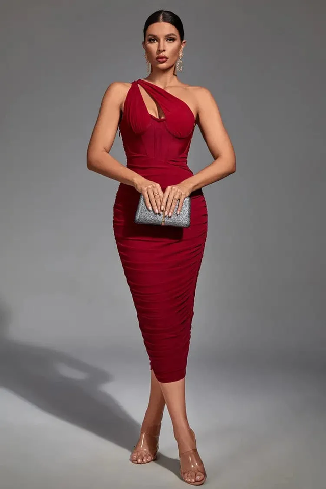One Shoulder Corset Bodice Ruched Cutout Keyhole Midi Dress