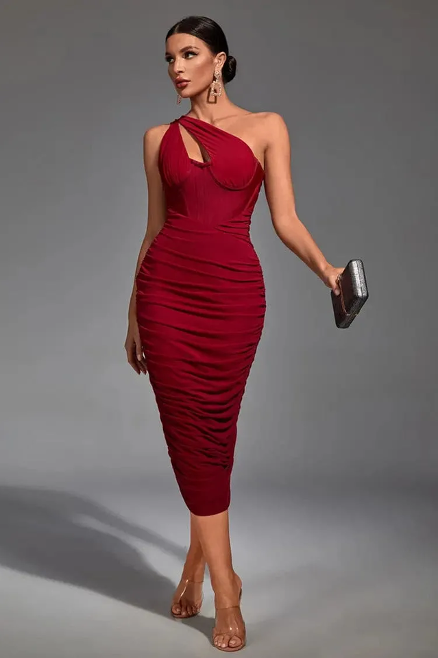 One Shoulder Corset Bodice Ruched Cutout Keyhole Midi Dress