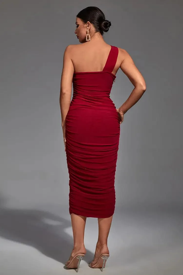 One Shoulder Corset Bodice Ruched Cutout Keyhole Midi Dress