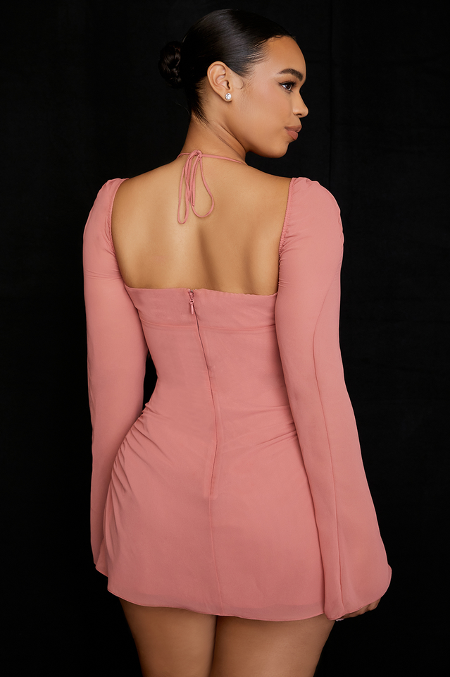 Halter Tie Neck Sweetheart Ruched Long Sleeve Hip Cutout Drawstring Mini Dress