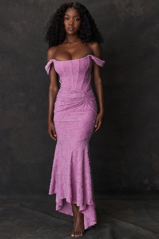 Jacquard Floral Corset Bodice Asymmetric Strap Ruched Mermaid Hem Maxi Dress