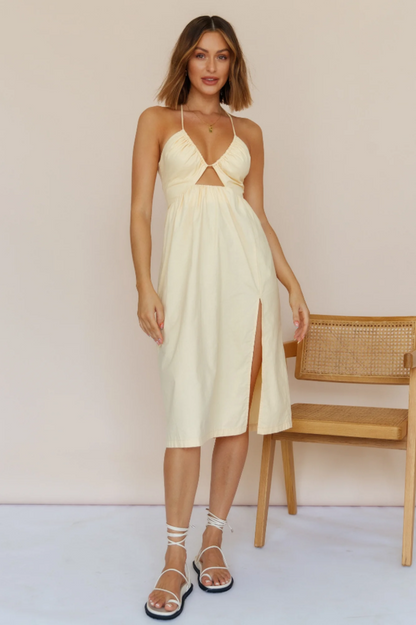 Halter Deep V Neck Ruched Bust Triangle Cutout Side Slit Midi Dress