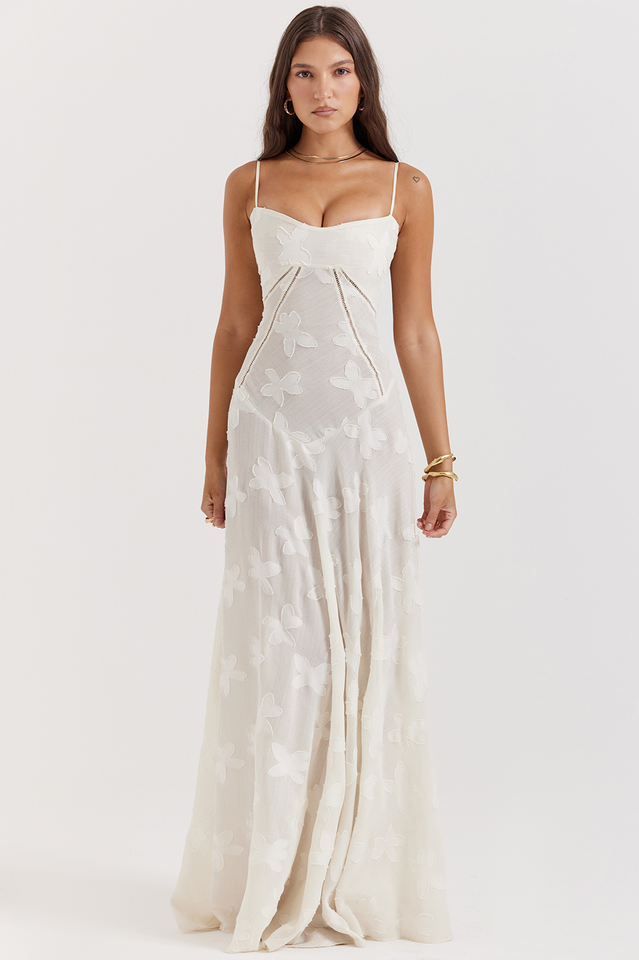 Corset Seam Scoop Neck Spaghetti Strap Floral Burnout Lace A-Line Maxi Gown