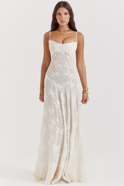 Corset Seam Scoop Neck Spaghetti Strap Floral Burnout Lace A-Line Maxi Gown