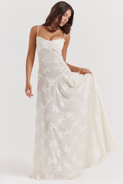Corset Seam Scoop Neck Spaghetti Strap Floral Burnout Lace A-Line Maxi Gown