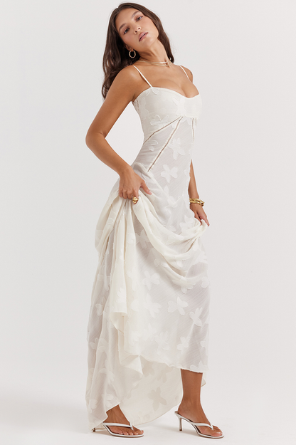 Corset Seam Scoop Neck Spaghetti Strap Floral Burnout Lace A-Line Maxi Gown