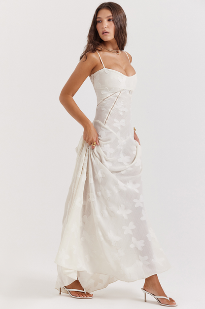 Corset Seam Scoop Neck Spaghetti Strap Floral Burnout Lace A-Line Maxi Gown