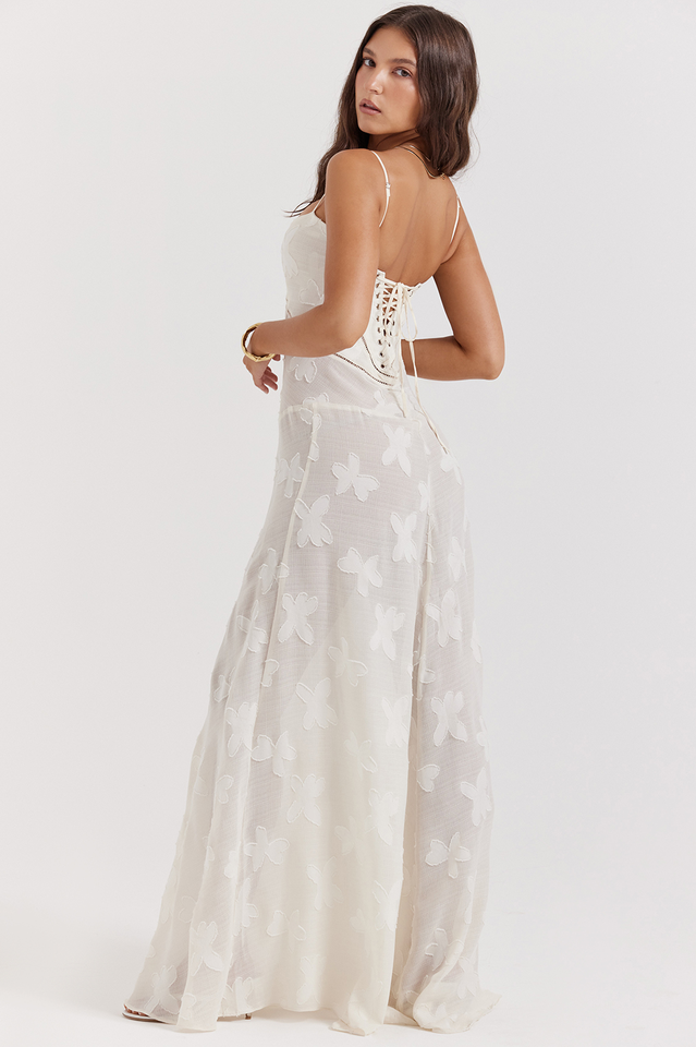 Corset Seam Scoop Neck Spaghetti Strap Floral Burnout Lace A-Line Maxi Gown