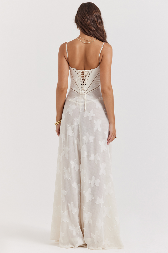 Corset Seam Scoop Neck Spaghetti Strap Floral Burnout Lace A-Line Maxi Gown