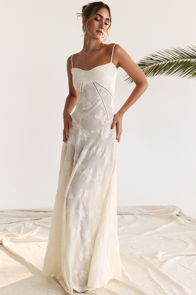 Corset Seam Scoop Neck Spaghetti Strap Floral Burnout Lace A-Line Maxi Gown