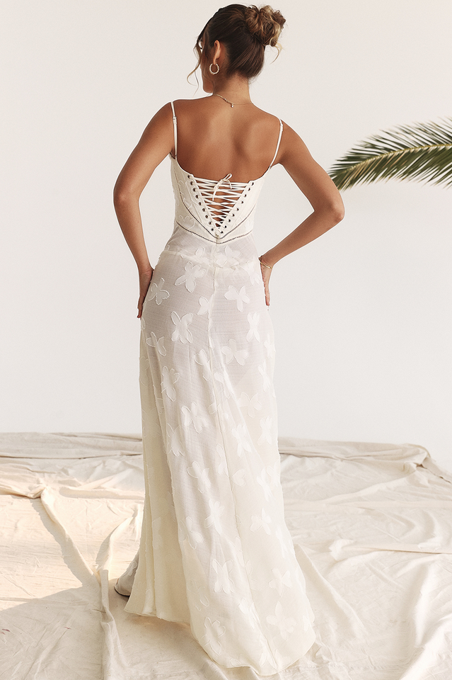 Corset Seam Scoop Neck Spaghetti Strap Floral Burnout Lace A-Line Maxi Gown