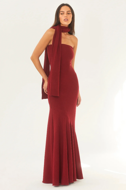 Strapless Rib Knit Neck Scarf Trumpet Hem Mermaid Maxi Gown