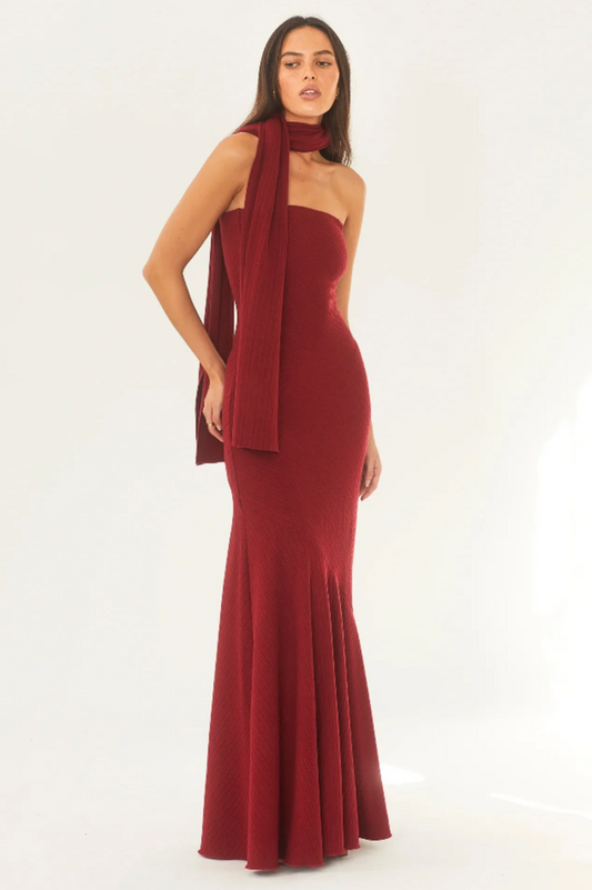 Strapless Rib Knit Neck Scarf Trumpet Hem Mermaid Maxi Gown