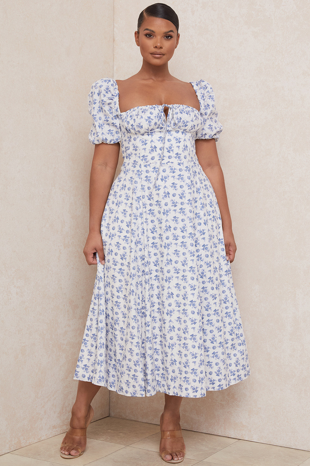 Square Neck Puff Sleeve Ruched Tie Bust Ditsy Floral Thigh Slit Midi Dress