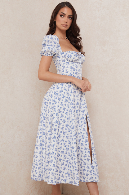 Square Neck Puff Sleeve Ruched Tie Bust Ditsy Floral Thigh Slit Midi Dress