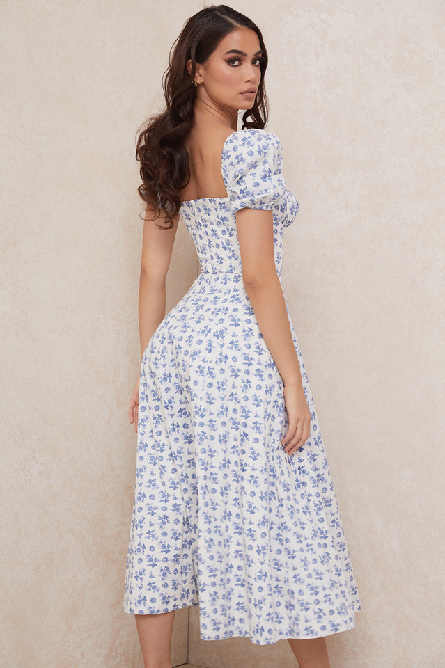 Square Neck Puff Sleeve Ruched Tie Bust Ditsy Floral Thigh Slit Midi Dress