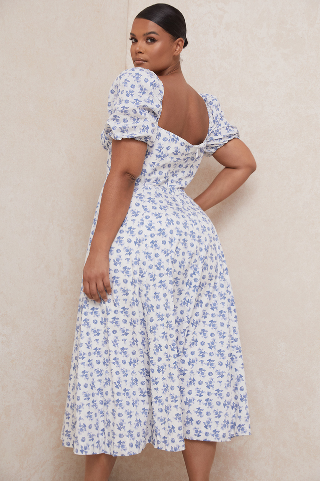 Square Neck Puff Sleeve Ruched Tie Bust Ditsy Floral Thigh Slit Midi Dress