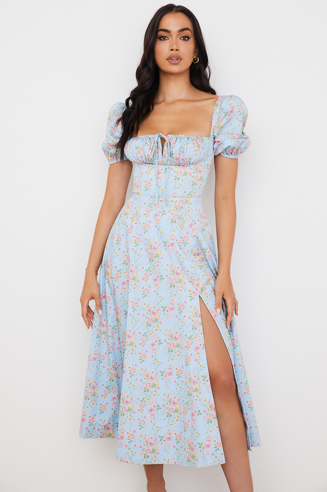 Square Neck Puff Sleeve Ruched Tie Bust Ditsy Floral Thigh Slit Midi Dress