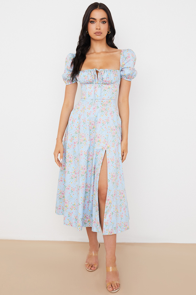 Square Neck Puff Sleeve Ruched Tie Bust Ditsy Floral Thigh Slit Midi Dress
