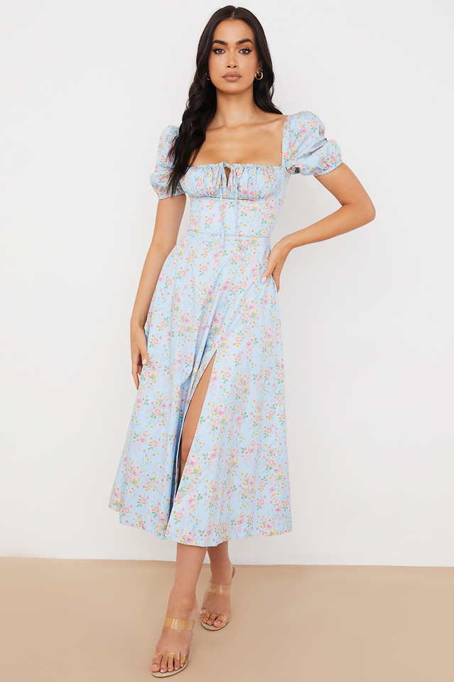 Square Neck Puff Sleeve Ruched Tie Bust Ditsy Floral Thigh Slit Midi Dress