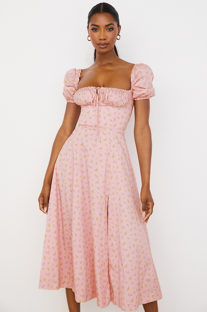 Square Neck Puff Sleeve Ruched Tie Bust Ditsy Floral Thigh Slit Midi Dress