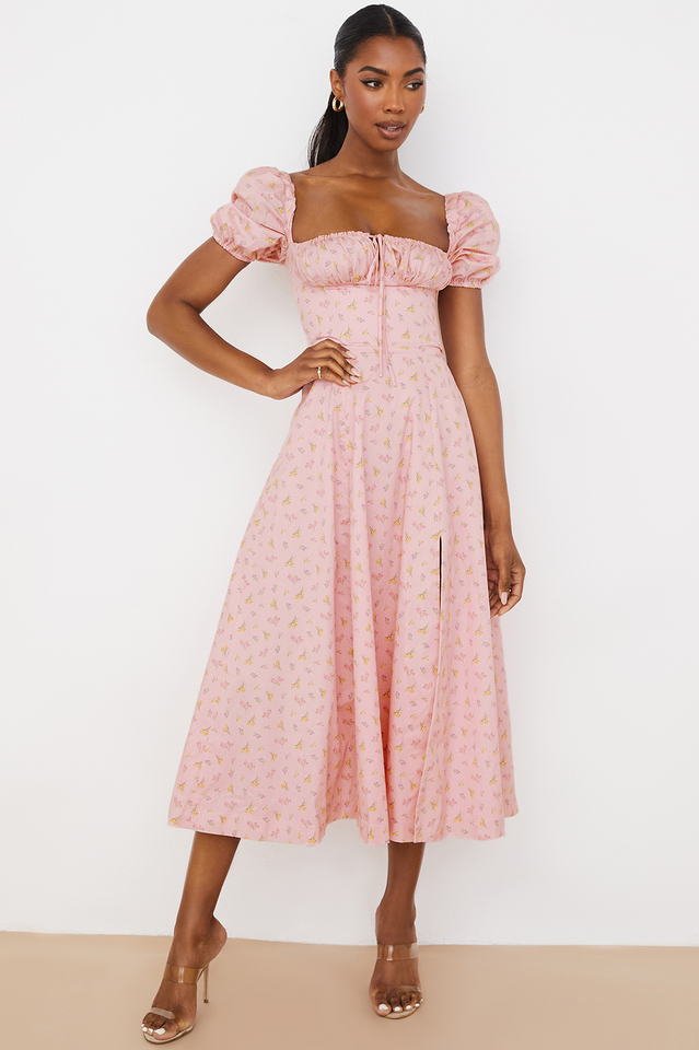 Square Neck Puff Sleeve Ruched Tie Bust Ditsy Floral Thigh Slit Midi Dress