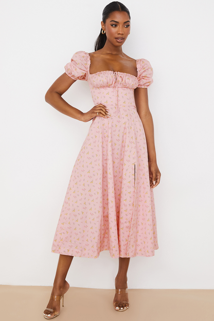 Square Neck Puff Sleeve Ruched Tie Bust Ditsy Floral Thigh Slit Midi Dress
