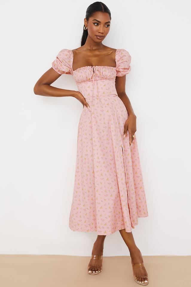 Square Neck Puff Sleeve Ruched Tie Bust Ditsy Floral Thigh Slit Midi Dress