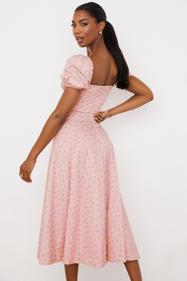 Square Neck Puff Sleeve Ruched Tie Bust Ditsy Floral Thigh Slit Midi Dress