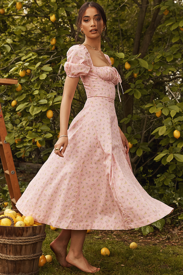 Square Neck Puff Sleeve Ruched Tie Bust Ditsy Floral Thigh Slit Midi Dress