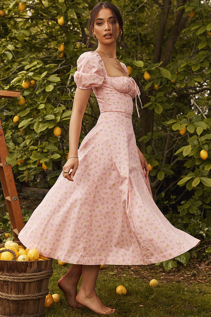 Square Neck Puff Sleeve Ruched Tie Bust Ditsy Floral Thigh Slit Midi Dress