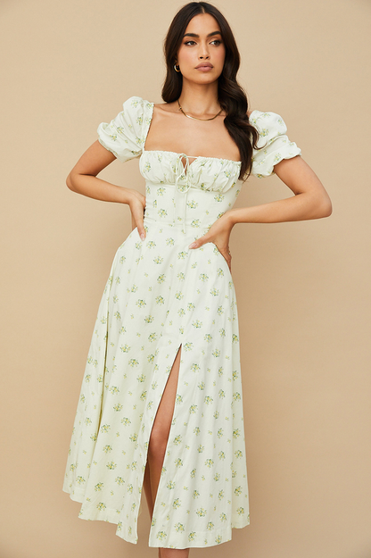 Square Neck Puff Sleeve Ruched Tie Bust Ditsy Floral Thigh Slit Midi Dress