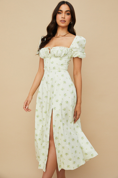 Square Neck Puff Sleeve Ruched Tie Bust Ditsy Floral Thigh Slit Midi Dress