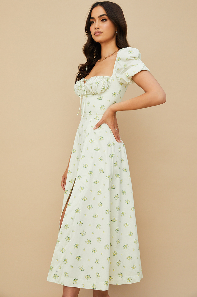Square Neck Puff Sleeve Ruched Tie Bust Ditsy Floral Thigh Slit Midi Dress