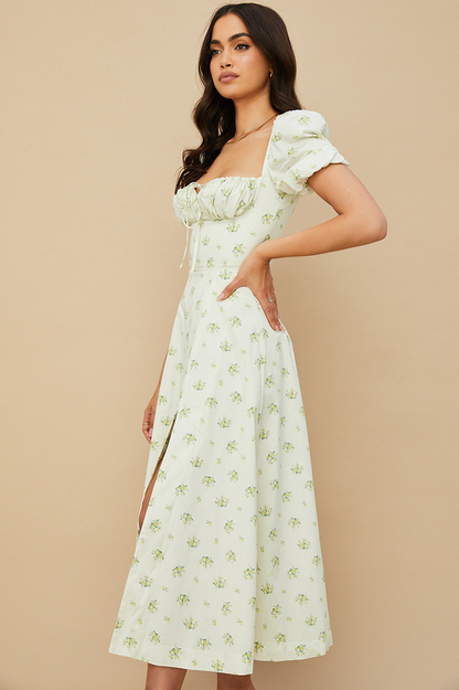 Square Neck Puff Sleeve Ruched Tie Bust Ditsy Floral Thigh Slit Midi Dress