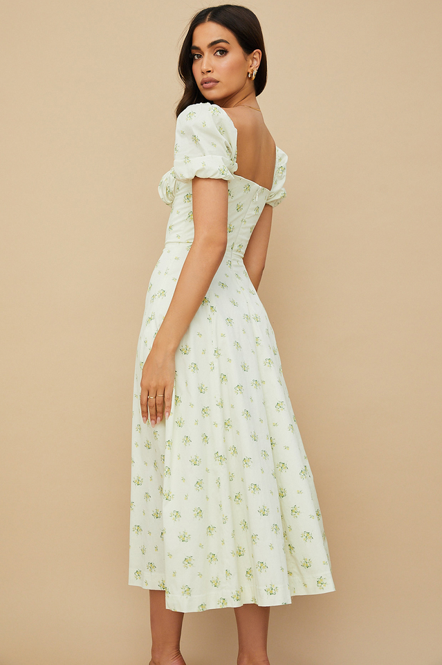 Square Neck Puff Sleeve Ruched Tie Bust Ditsy Floral Thigh Slit Midi Dress