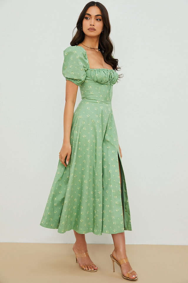 Square Neck Puff Sleeve Ruched Tie Bust Ditsy Floral Thigh Slit Midi Dress