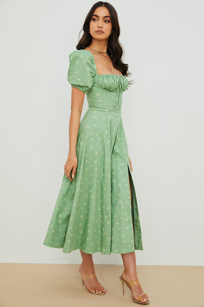 Square Neck Puff Sleeve Ruched Tie Bust Ditsy Floral Thigh Slit Midi Dress