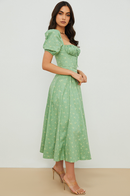 Square Neck Puff Sleeve Ruched Tie Bust Ditsy Floral Thigh Slit Midi Dress