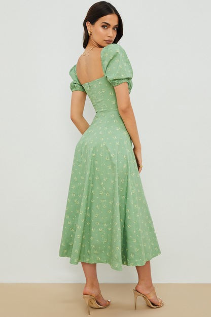 Square Neck Puff Sleeve Ruched Tie Bust Ditsy Floral Thigh Slit Midi Dress