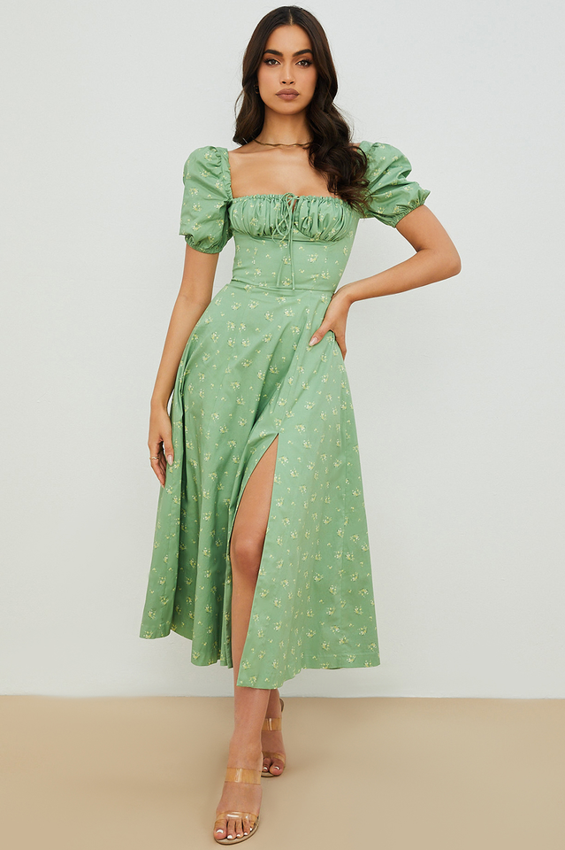 Square Neck Puff Sleeve Ruched Tie Bust Ditsy Floral Thigh Slit Midi Dress